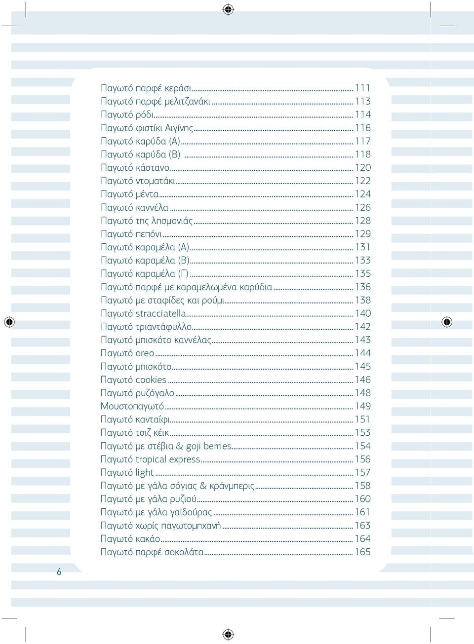 .. 135 Παγωτό παρφέ με καραμελωμένα καρύδια... 136 Παγωτό με σταφίδες και ρούμι... 138 Παγωτό stracciatella... 140 Παγωτό τριαντάφυλλο... 142 Παγωτό μπισκότο καννέλας... 143 Παγωτό oreo.