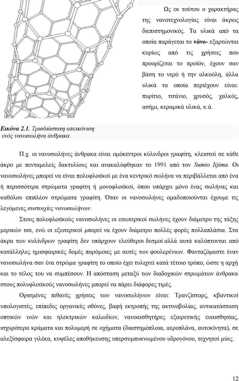 είναι ομόκεντροι κύλινδροι γραφίτη, κλειστοί σε κάθε άκρο με πενταμελείς δακτυλίους και ανακαλύφθηκαν το 1991 από τον Sumio Iijima Οι νανοσωλήνες μπορεί να είναι πολυφλοιϊκοί με ένα κεντρικό σωλήνα