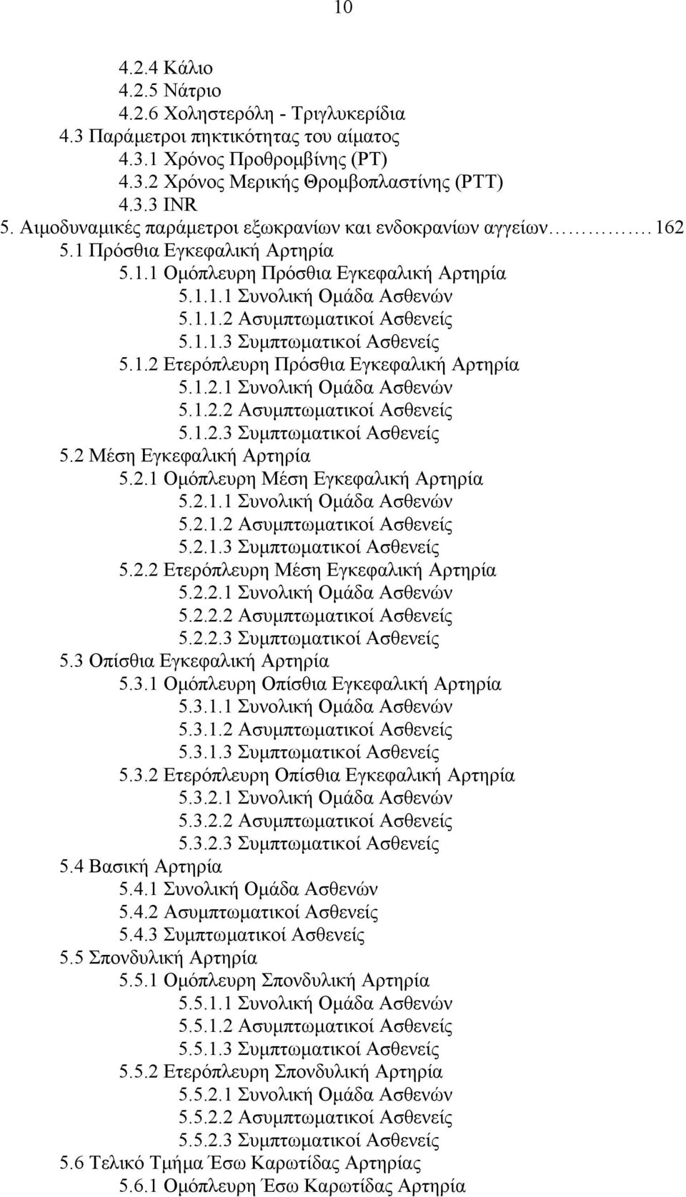 1.1.3 Συµπτωµατικοί Ασθενείς 5.1.2 Ετερόπλευρη Πρόσθια Εγκεφαλική Αρτηρία 5.1.2.1 Συνολική Οµάδα Ασθενών 5.1.2.2 Ασυµπτωµατικοί Ασθενείς 5.1.2.3 Συµπτωµατικοί Ασθενείς 5.2 Μέση Εγκεφαλική Αρτηρία 5.2.1 Οµόπλευρη Μέση Εγκεφαλική Αρτηρία 5.