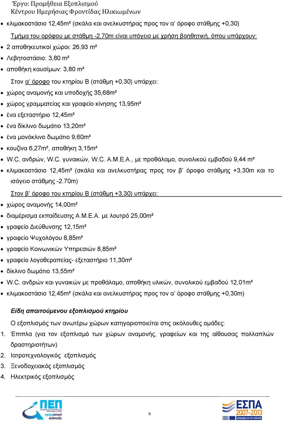 12,45m² ένα δίκλινο δωμάτιο 13,20m² ένα μονόκλινο δωμάτιο 9,60m² κουζίνα 6,27m², αποθήκη 3,15m² W.C. ανδρών, W.C. γυναικών, W.C. Α.