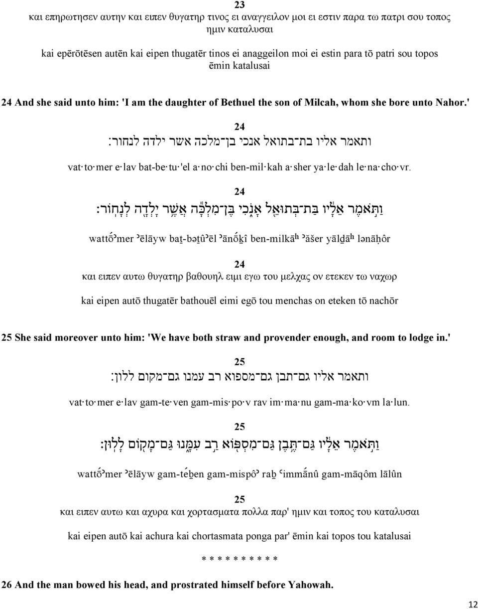 ' 24 ותאמר אליו בת בתואל אנכי בן מלכה אשר ילדה לנחור vat to mer e lav bat-be tu 'el a no chi ben-mil kah a sher ya le dah le na cho vr.