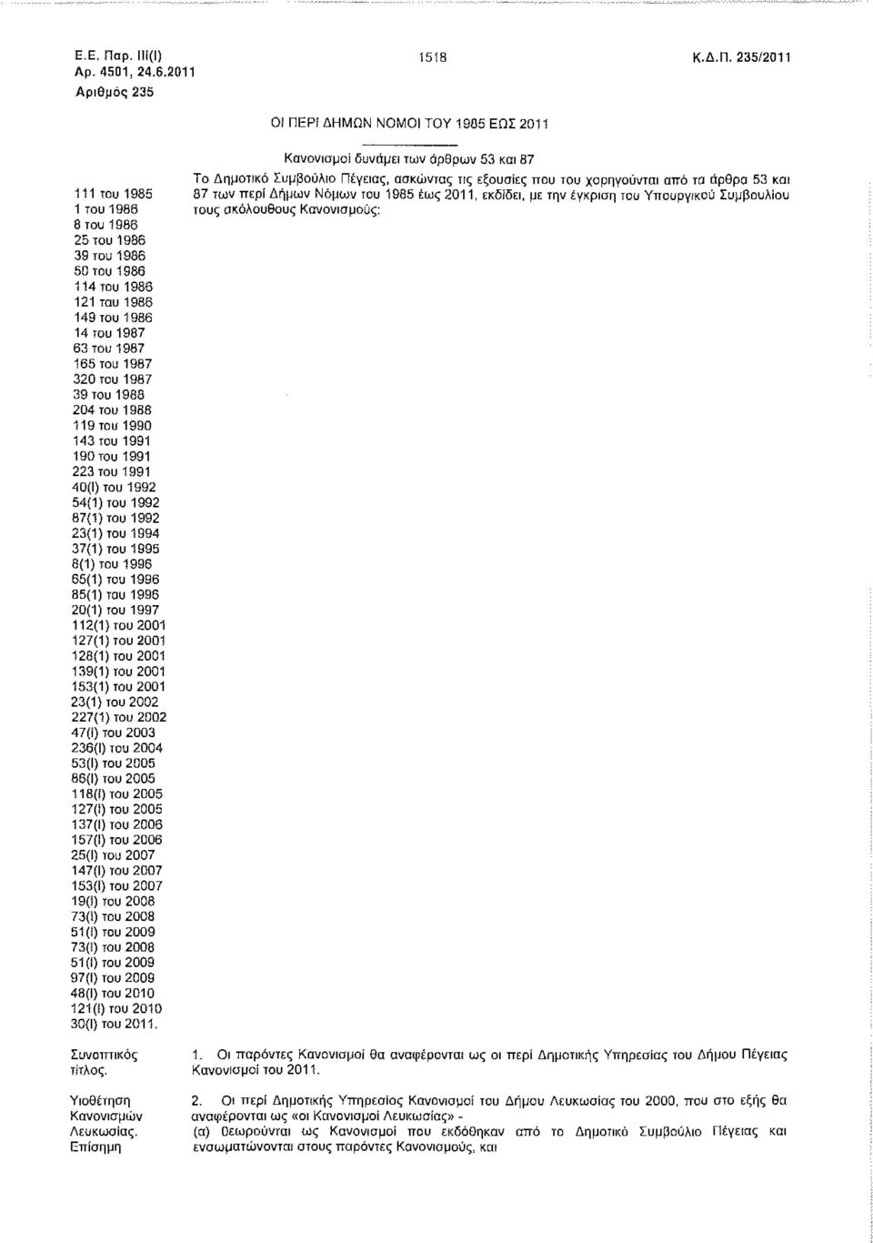 235/2011 Οί ΠΕΡί ΔΗΜΩΝ ΝΟΜΟΙ ΤΟΥ 1985 ΕΩΣ 2011 111 του 1985 1 του 1986 8 του 1986 25 του 1986 39 του 1986 50 του 1986 114 του 1986 121 του 1986 149 του 1986 14 του 1987 63 του 1987 165 του 1987 320