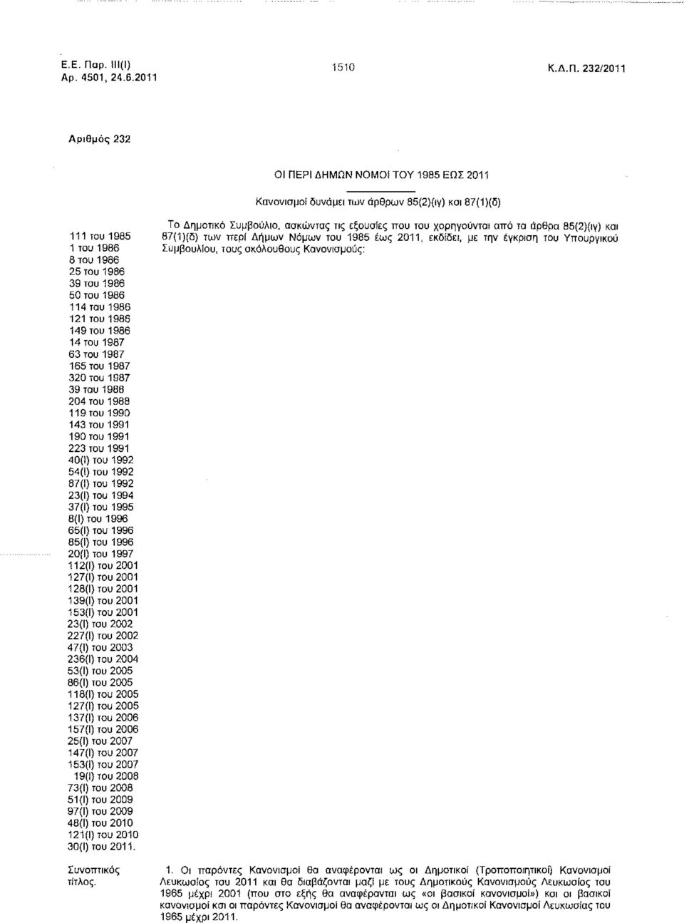 232/2011 Αριθμός 232 ΟΙ ΠΕΡΙ ΔΗΜΩΝ ΝΟΜΟί ΤΟΥ 1985 ΕΩΣ 2011 Κανονισμοί δυνάμει των άρθρων 85(2)(ιγ) και 87(1)(δ) 111 του 1985 1 του 1986 8 του 1986 25 του 1986 39 του 1986 50 του 1986 114 του 1986 121