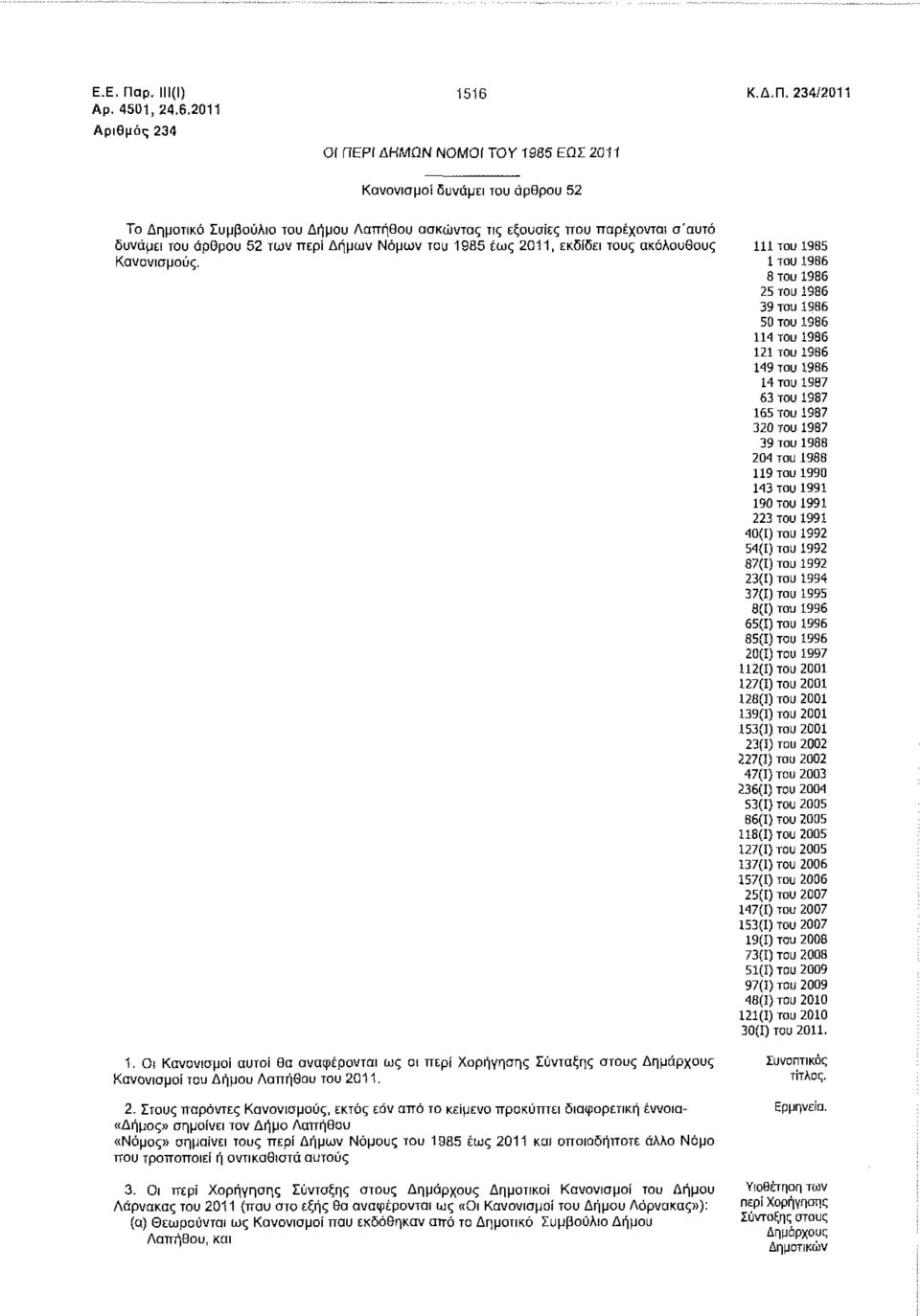 ΡΙ ΔΗΜΟΝ ΝΟΜΟΙ ΤΟΥ 1985 ΕΩΣ 2011 Κ.Δ.Π.