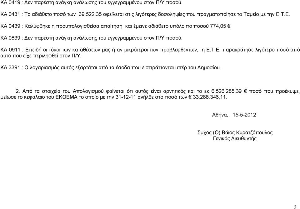 ΚΑ 0911 : Επειδή οι τόκοι των καταθέσεων μας ήταν μικρότεροι των προβλεφθέντων, η Ε.Τ.Ε. παρακράτησε λιγότερο ποσό από αυτό που είχε περιληφθεί στον Π/Υ.