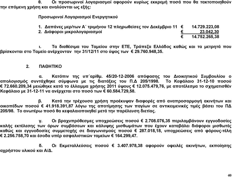 Τα διαθέσιμα του Ταμείου στην ΕΤΕ, Τράπεζα Ελλάδος καθώς και τα μετρητά που βρίσκονται στο Ταμείο ανέρχονταν την 31/12/11 στο ύψος των 29.760.948,35. 2. ΠΑΘΗΤΙΚΟ α. Κατόπιν της υπ αρίθμ.
