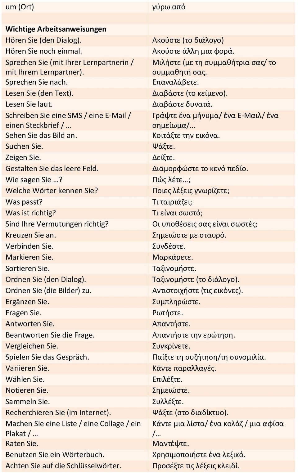 Was passt? Was ist richtig? Sind Ihre Vermutungen richtig? Kreuzen Sie an. Verbinden Sie. Markieren Sie. Sortieren Sie. Ordnen Sie (den Dialog). Ordnen Sie (die Bilder) zu. Ergänzen Sie. Fragen Sie.