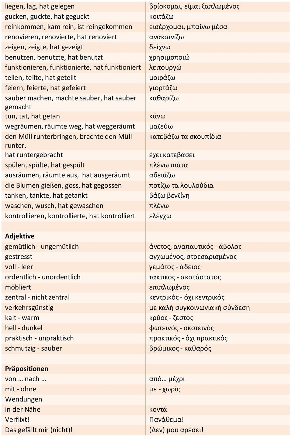 hat weggeräumt den Müll runterbringen, brachte den Müll runter, hat runtergebracht spülen, spülte, hat gespült ausräumen, räumte aus, hat ausgeräumt die Blumen gießen, goss, hat gegossen tanken,