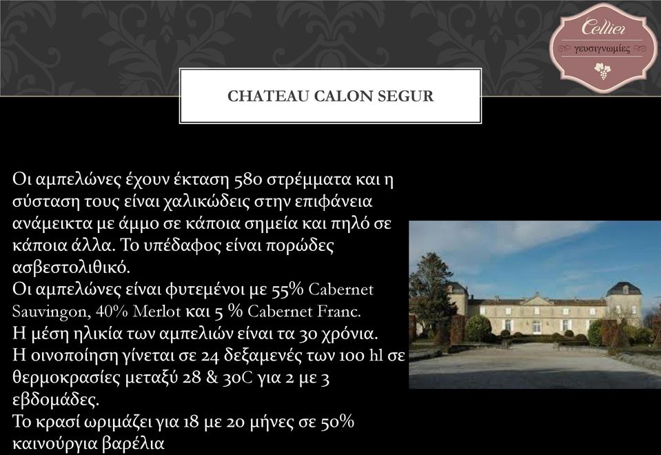 Οι αμπελώνες είναι φυτεμένοι με 55% Cabernet Sauvingon, 40% Merlot και 5 % Cabernet Franc.