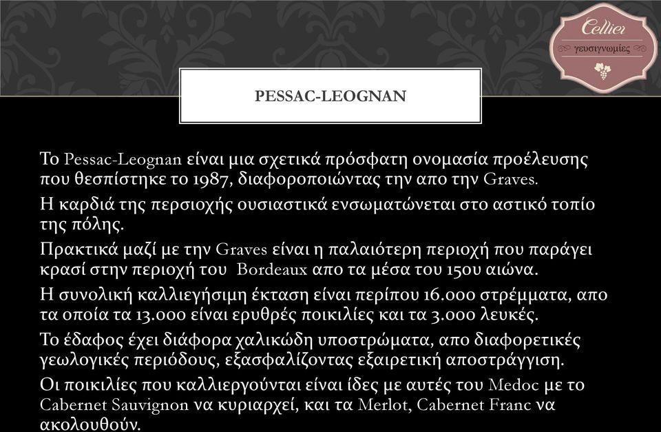Πρακτικά μαζί με την Graves είναι η παλαιότερη περιοχή που παράγει κρασί στην περιοχή του Bordeaux απο τα μέσα του 15ου αιώνα. Η συνολική καλλιεγήσιμη έκταση είναι περίπου 16.
