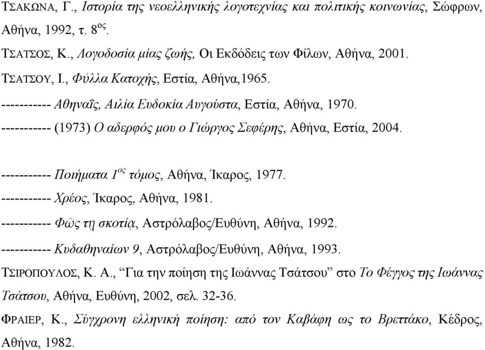 ----------- Ποιήµατα 1 ος τόµος, Αθήνα, Ίκαρος, 1977. ----------- Χρέος, Ίκαρος, Αθήνα, 1981. ----------- Φῶς τῃ σκοτίᾳ, Αστρόλαβος/Ευθύνη, Αθήνα, 1992.