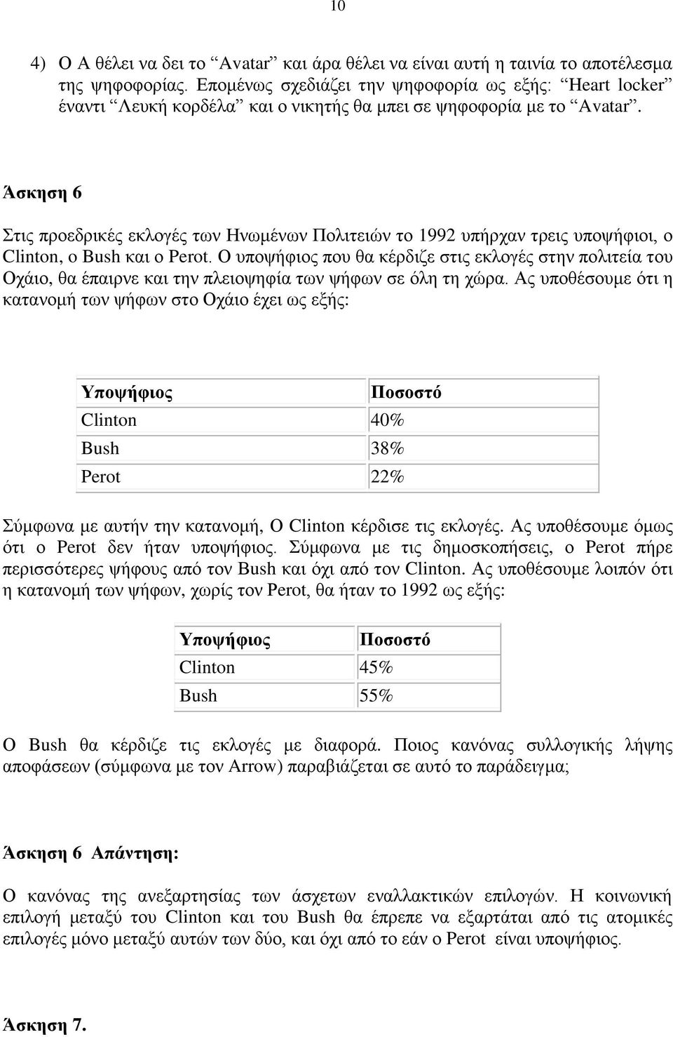 Άσκηση 6 Στις προεδρικές εκλογές των Ηνωμένων Πολιτειών το 1992 υπήρχαν τρεις υποψήφιοι, ο Clinton, o Bush και ο Perot.