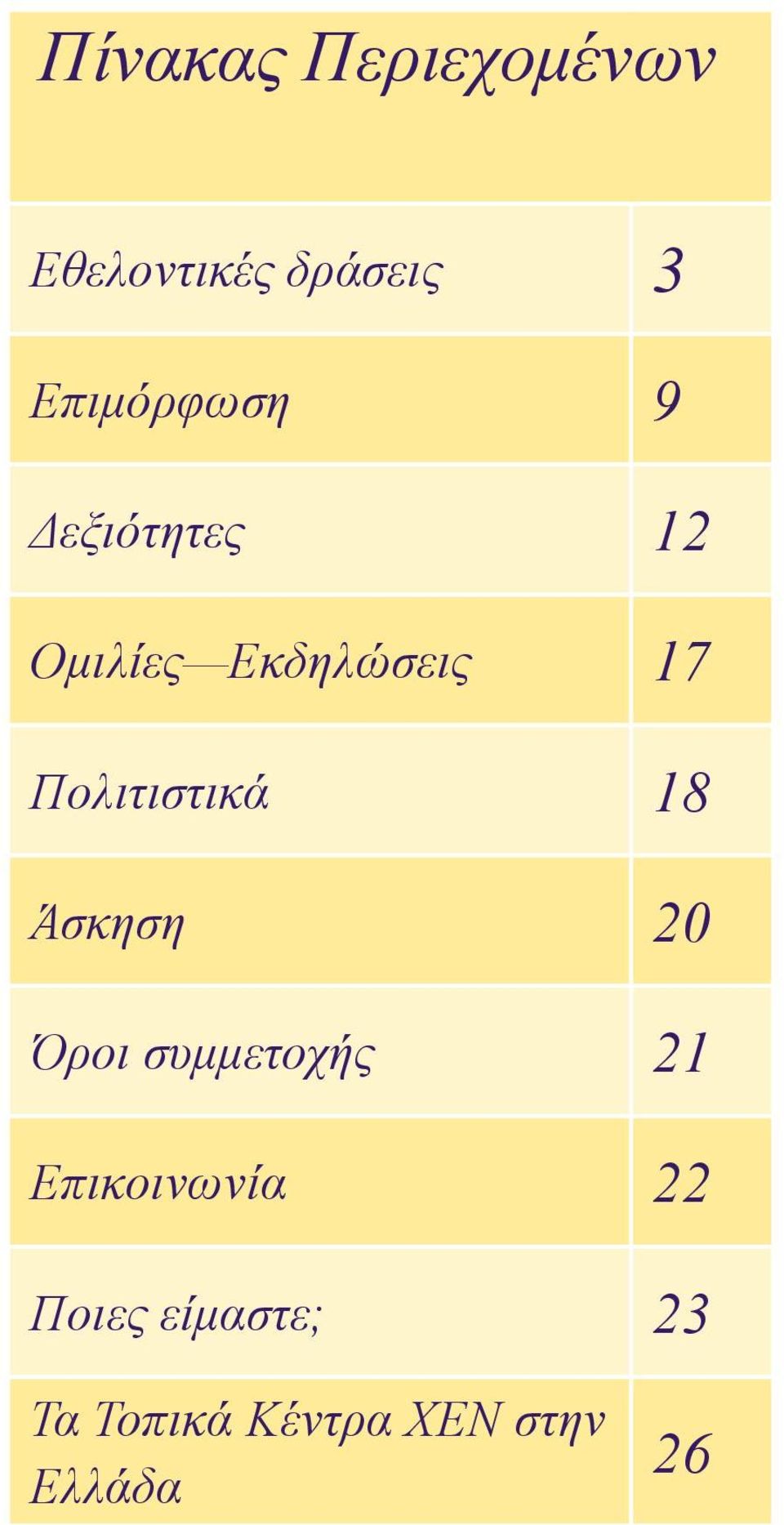 Πολιτιστικά 18 Άσκηση 20 Όροι συμμετοχής 21