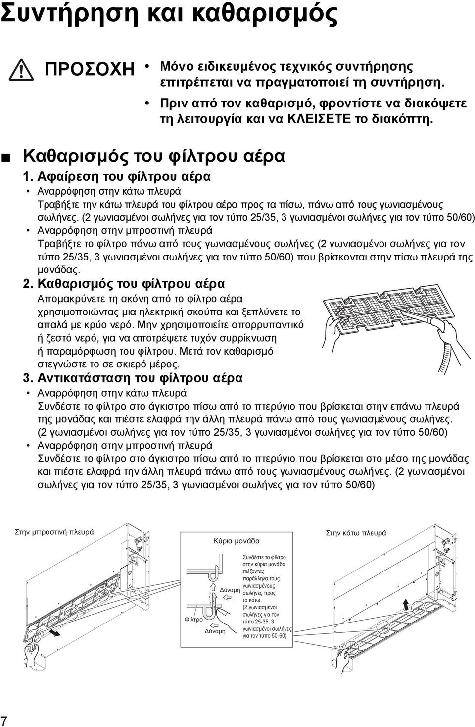 Αφαίρεση του φίλτρου αέρα Αναρρόφηση στην κάτω πλευρά Τραβήξτε την κάτω πλευρά του φίλτρου αέρα προς τα πίσω, πάνω από τους γωνιασμένους σωλήνες.