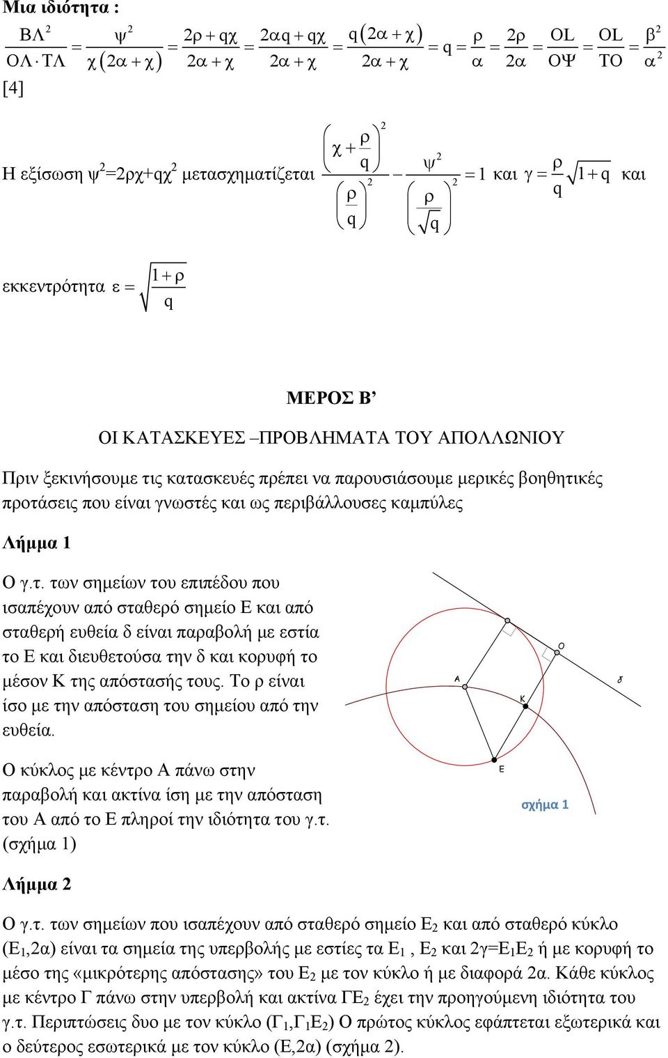 ς κατασκευές πρέπει να παρουσιάσουμε μερικές βοηθητικές προτάσεις που είναι γνωστές και ως περιβάλλουσες καμπύλες Λήμμα 1 Ο γ.τ. των σημείων του επιπέδου που ισαπέχουν από σταθερό σημείο Ε και από σταθερή ευθεία δ είναι παραβολή με εστία το Ε και διευθετούσα την δ και κορυφή το μέσον Κ της απόστασής τους.