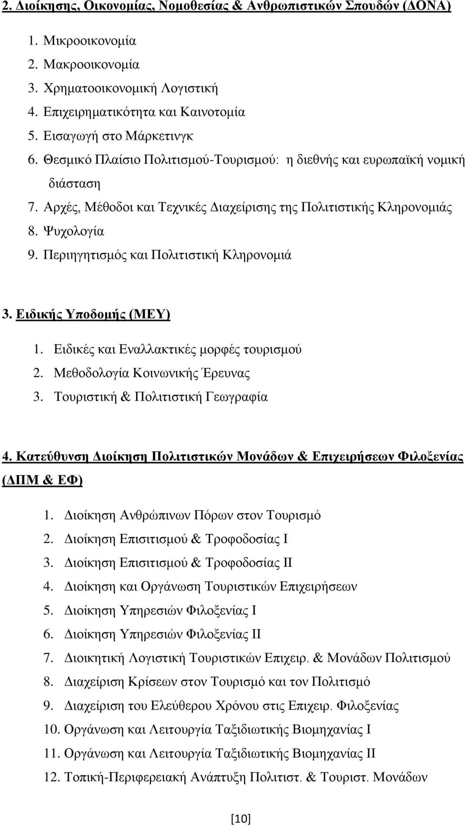 Περιηγητισμός και Πολιτιστική Κληρονομιά 3. Ειδικής Υποδομής (ΜΕΥ) 1. Ειδικές και Εναλλακτικές μορφές τουρισμού 2. Μεθοδολογία Κοινωνικής Έρευνας 3. Τουριστική & Πολιτιστική Γεωγραφία 4.