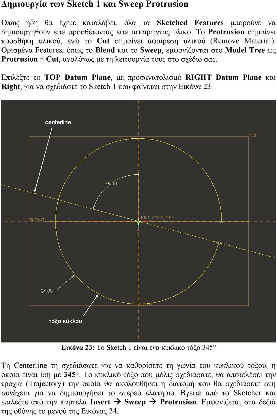 Ορισµένα Features, όπως το Blend και το Sweep, εµφανίζονται στο Model Tree ως Protrusion ή Cut, αναλόγως µε τη λειτουργία τους στο σχέδιό σας.