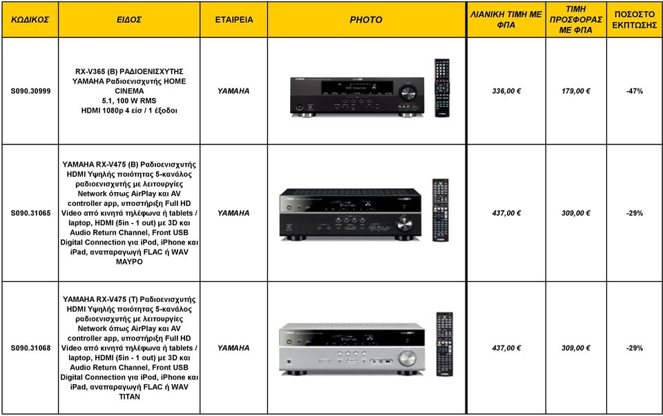 laptop, HDI (5in - 1 out) με 3D και Audio Return hannel, Front UB Digital onnection για ipod, iphone και ipad, αναπαραγωγή FLA ή WAV ΜΥΡΟ YAAHA 437,00 309,00-29% 090.