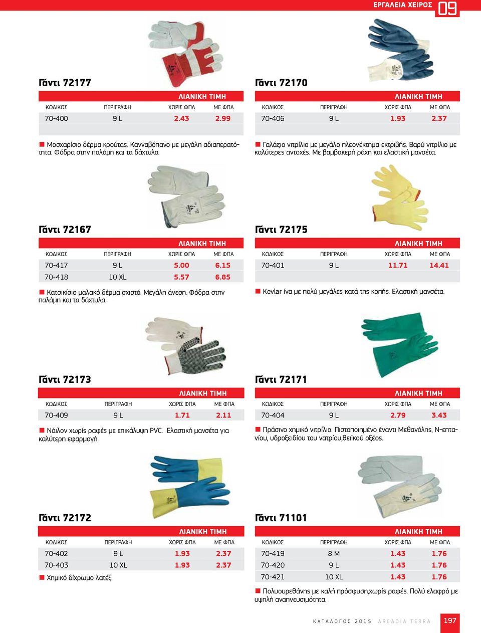 85 Κατσικίσιο μαλακό δέρμα σχιστό. Μεγάλη άνεση. Φόδρα στην παλάμη και τα δάχτυλα. Γάντι 72175 70-401 9 L 11.71 14.41 Kevlar ίνα με πολύ μεγάλες κατά της κοπής. Ελαστική μανσέτα.