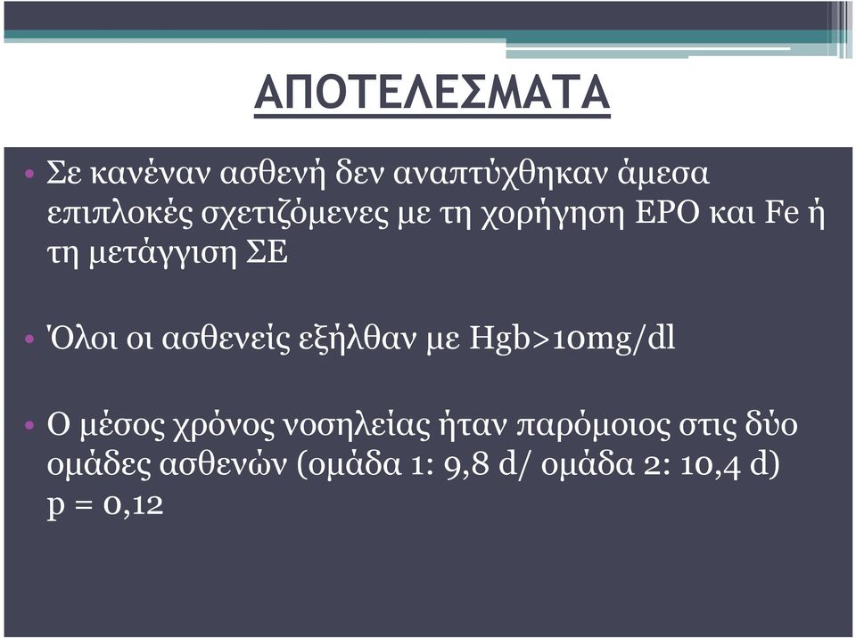 ασθενείς εξήλθαν με Hgb>10mg/dl Ο μέσος χρόνος νοσηλείας ήταν