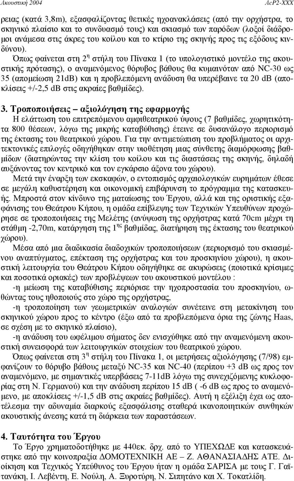 Όπως φαίνεται στη 2 η στήλη του Πίνακα 1 (το υπολογιστικό μοντέλο της ακουστικής πρότασης), ο αναμενόμενος θόρυβος βάθους θα κυμαινόταν από NC-30 ως 35 (απομείωση 21dB) και η προβλεπόμενη ανάδυση θα