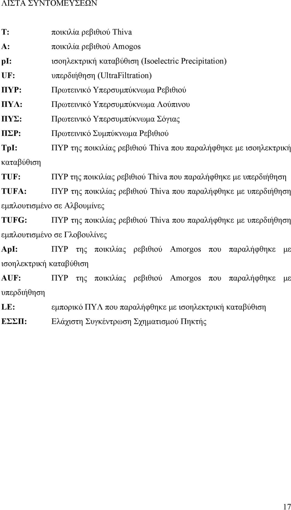 καταβύθιση TUF: ΠΥΡ της ποικιλίας ρεβιθιού Thiva που παραλήφθηκε με υπερδιήθηση TUFA: ΠΥΡ της ποικιλίας ρεβιθιού Thiva που παραλήφθηκε με υπερδιήθηση εμπλουτισμένο σε Αλβουμίνες TUFG: ΠΥΡ της