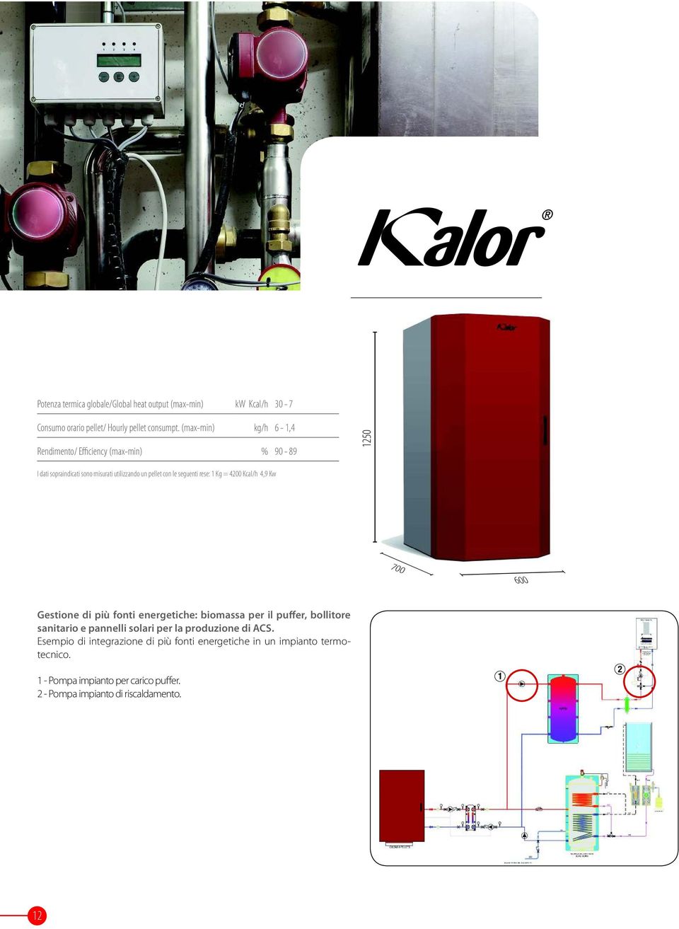 rese: 1 Kg = 4200 Kcal/h 4,9 Kw 700 600 Gestione di più fonti energetiche: biomassa per il puffer, bollitore sanitario e pannelli solari per la