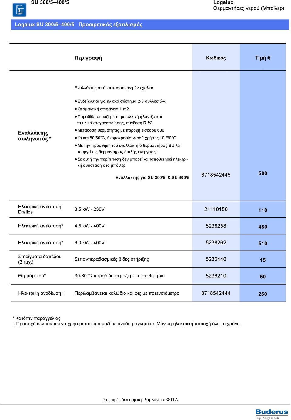 Μετάδοση θερμότητας με παροχή εισόδου 600 l/h και 80/50 C, θερμοκρασία νερού χρήσης 10 /60 C. Με την προσθήκη του εναλλάκτη ο θερμαντήρας SU λειτουργεί ως θερμαντήρας διπλής ενέργειας.