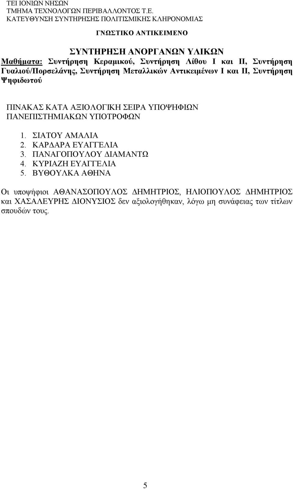 ΚΑΡΔΑΡΑ ΕΥΑΓΓΕΛΙΑ 3. ΠΑΝΑΓΟΠΟΥΛΟΥ ΔΙΑΜΑΝΤΩ 4. ΚΥΡΙΑΖΗ ΕΥΑΓΓΕΛΙΑ 5.