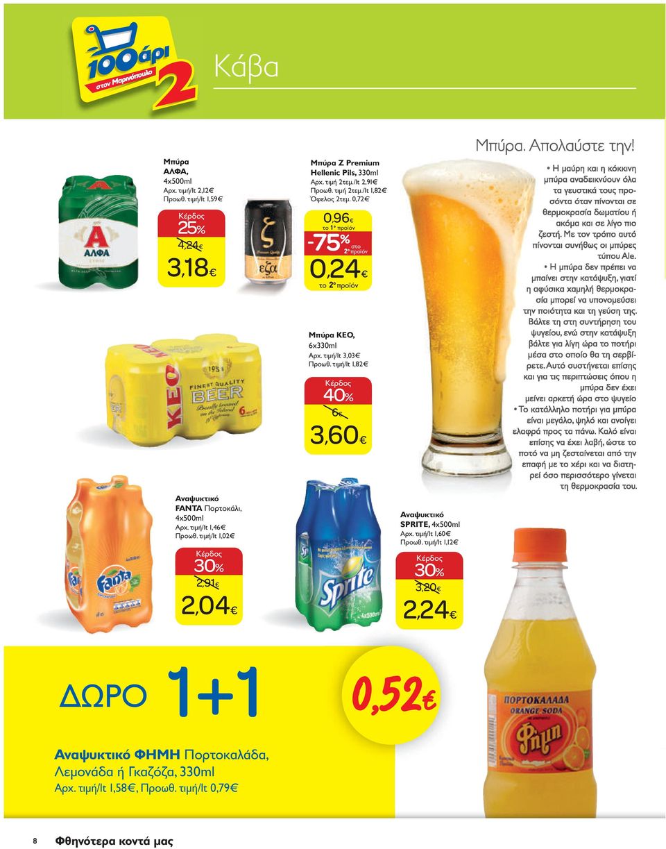 τιμή/lt 1,82 40% 6 3,60 Αναψυκτικό FANTA Πορτοκάλι, 4χ500ml Aρχ. τιμή/lt 1,46 Προωθ. τιμή/lt 1,02 2,91 2,04 Αναψυκτικό SPRITE, 4x500ml Aρχ.