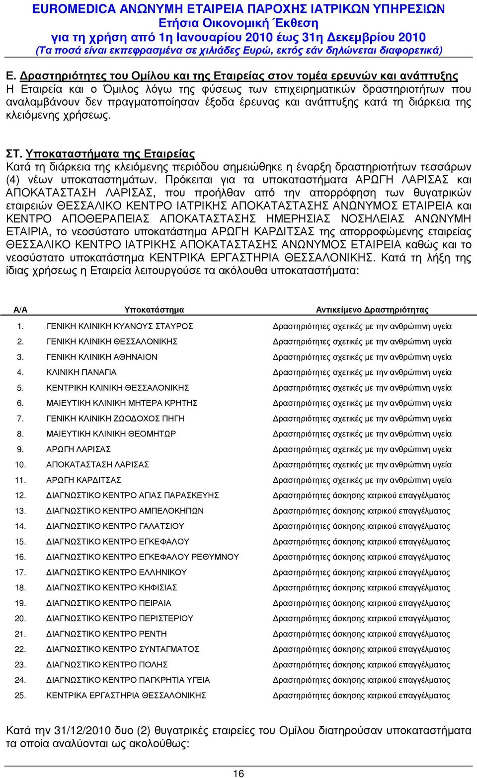 Υποκαταστήµατα της Εταιρείας Κατά τη διάρκεια της κλειόµενης περιόδου σηµειώθηκε η έναρξη δραστηριοτήτων τεσσάρων (4) νέων υποκαταστηµάτων.