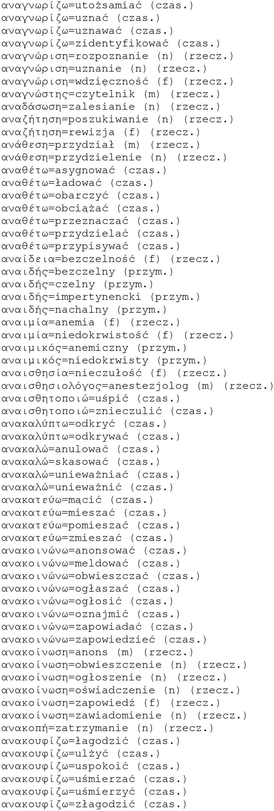 ) ανάθεση=przydział (m) (rzecz.) ανάθεση=przydzielenie (n) (rzecz.) αναθέτω=asygnować (czas.) αναθέτω=ładować (czas.) αναθέτω=obarczyć (czas.) αναθέτω=obciążać (czas.) αναθέτω=przeznaczać (czas.