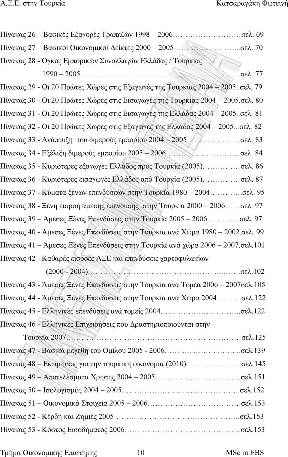 ..σελ. 82 Πίνακας 33 - Ανάπτυξη του διµερούς εµπορίου 2004 2005 σελ. 83 Πίνακας 34 - Εξέλιξη διµερούς εµπορίου 2005 2006...σελ. 84 Πίνακας 35 - Κυριότερες εξαγωγές Ελλάδος προς Τουρκία (2005) σελ.