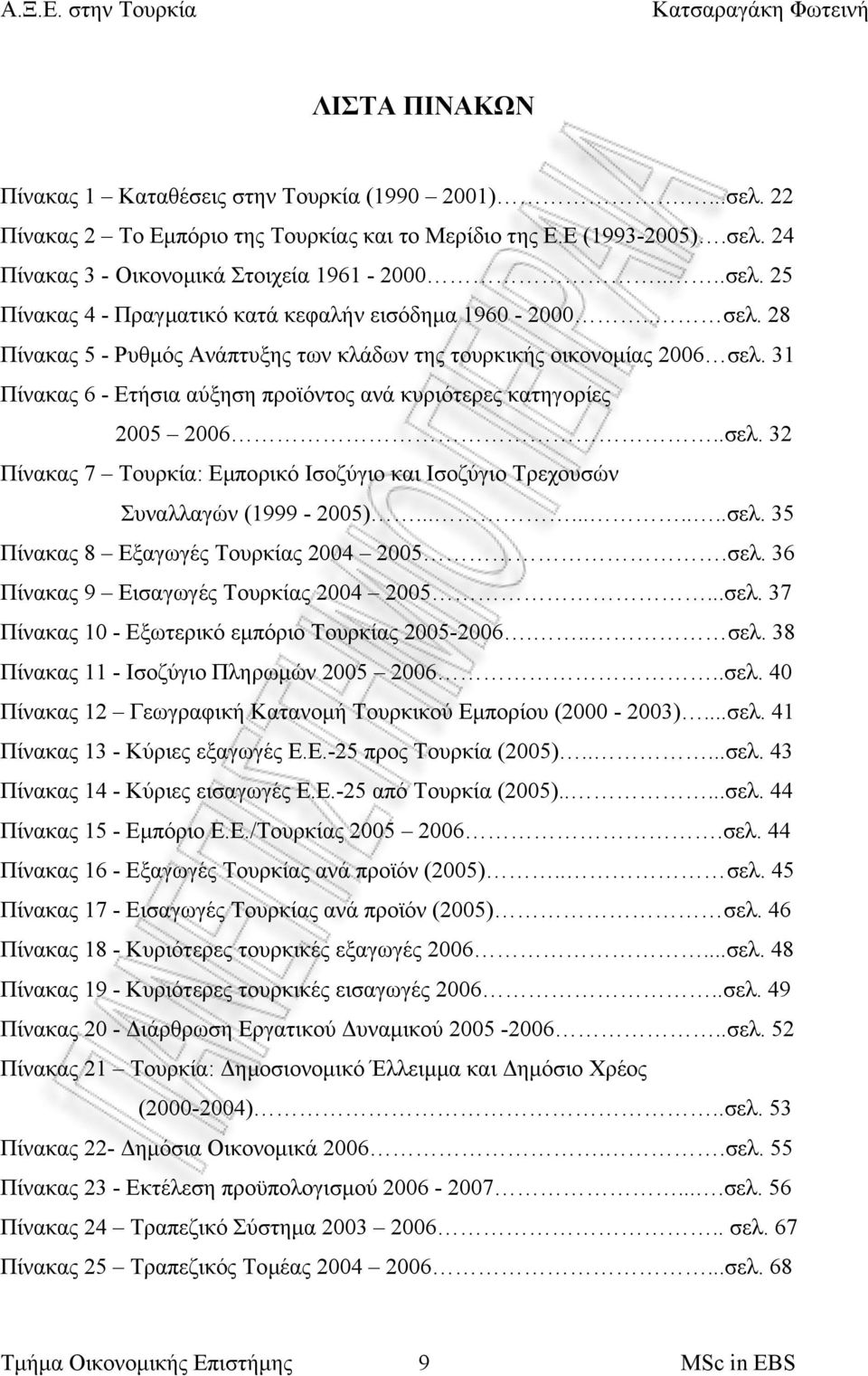 .........σελ. 35 Πίνακας 8 Εξαγωγές Τουρκίας 2004 2005.σελ. 36 Πίνακας 9 Εισαγωγές Τουρκίας 2004 2005...σελ. 37 Πίνακας 10 - Εξωτερικό εµπόριο Τουρκίας 2005-2006... σελ.
