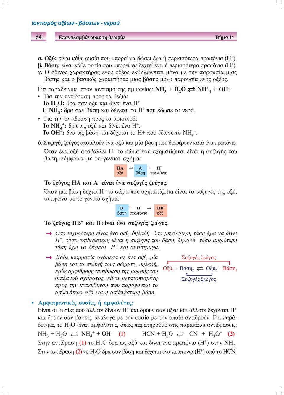 Για παράδειγµα, στον ιοντισµό της αµµωνίας: ΝΗ 3 + Η 2 Ο ΝΗ + 4 + ΟΗ Για την αντίδραση προς τα δεξιά: Το Η 2 Ο: δρα σαν οξύ και δίνει ένα Η + Η ΝΗ 3 : δρα σαν βάση και δέχεται το Η + που έδωσε το