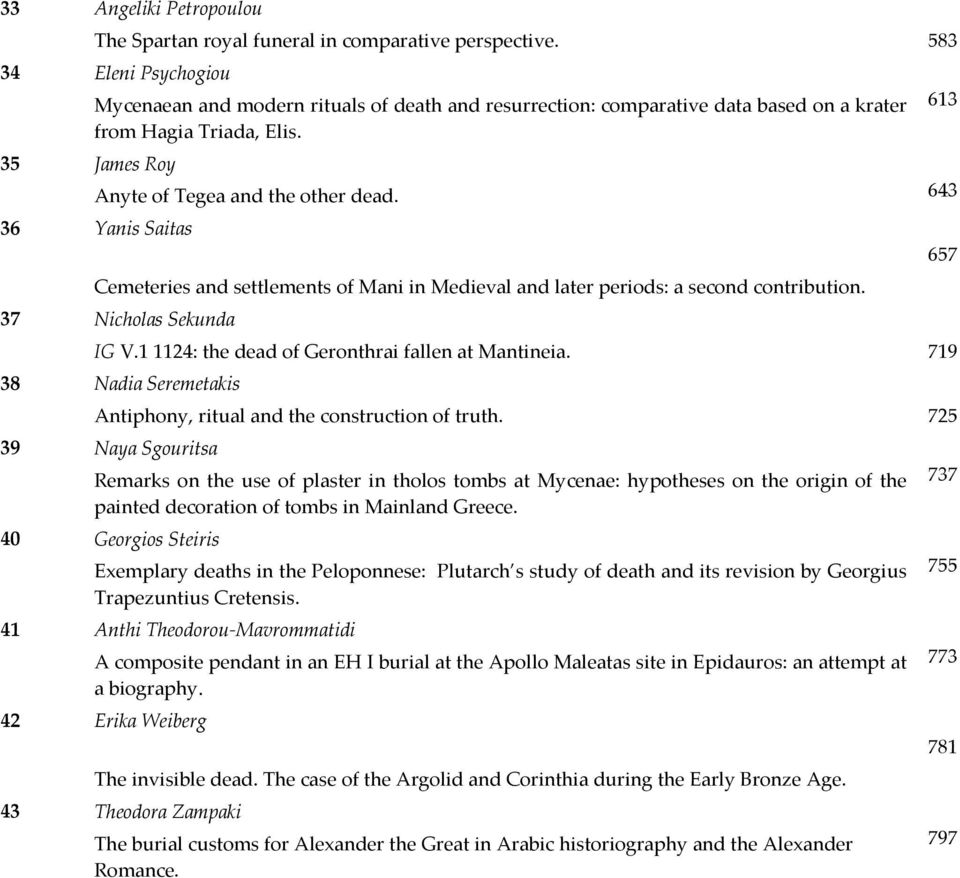 643 36 Yanis Saitas Cemeteries and settlements of Mani in Medieval and later periods: a second contribution. 37 Nicholas Sekunda IG V.1 1124: the dead of Geronthrai fallen at Mantineia.