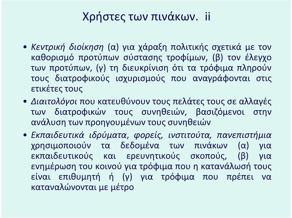 τους διατροφικούς ισχυρισμούς που αναγράφονται στις ετικέτες τους Διαιτολόγοι που κατευθύνουν τους πελάτες τους σε αλλαγές των διατροφικών τους συνηθειών, βασιζόμενοι