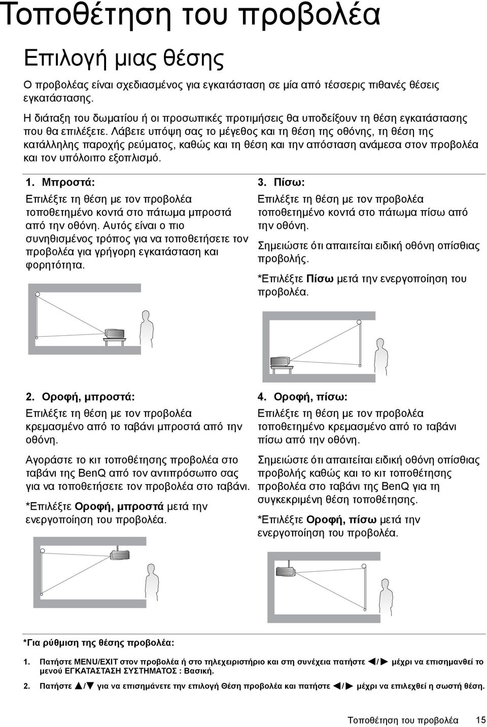 Λάβετε υπόψη σας το µέγεθος και τη θέση της οθόνης, τη θέση της κατάλληλης παροχής ρεύµατος, καθώς και τη θέση και την απόσταση ανάµεσα στον προβολέα και τον υπόλοιπο εξοπλισµό. 1.