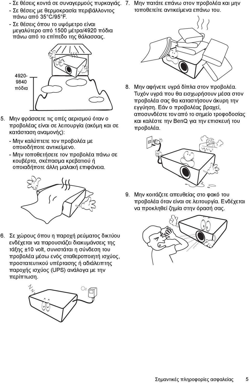 4920-9840 πόδια 5. Μην φράσσετε τις οπές αερισµού όταν ο προβολέας είναι σε λειτουργία (ακόµη και σε κατάσταση αναµονής): - Μην καλύπτετε τον προβολέα µε οποιοδήποτε αντικείµενο.