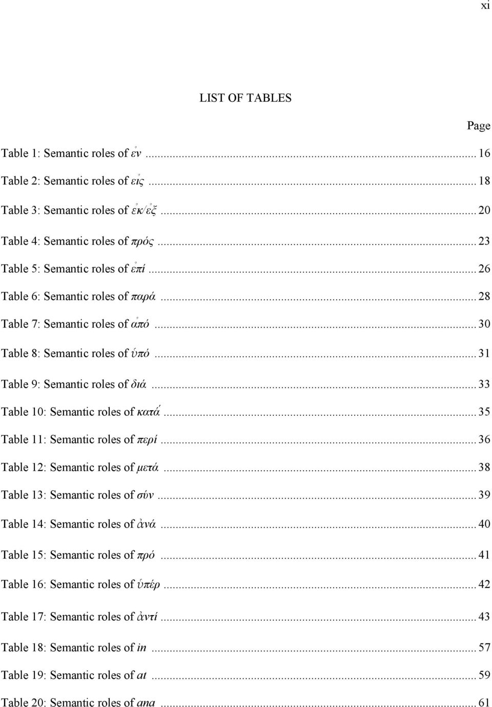 .. 33 Table 10: Semantic roles of κατά... 35 Table 11: Semantic roles of περί... 36 Table 12: Semantic roles of µετά... 38 Table 13: Semantic roles of σύν... 39 Table 14: Semantic roles of ἀνά.