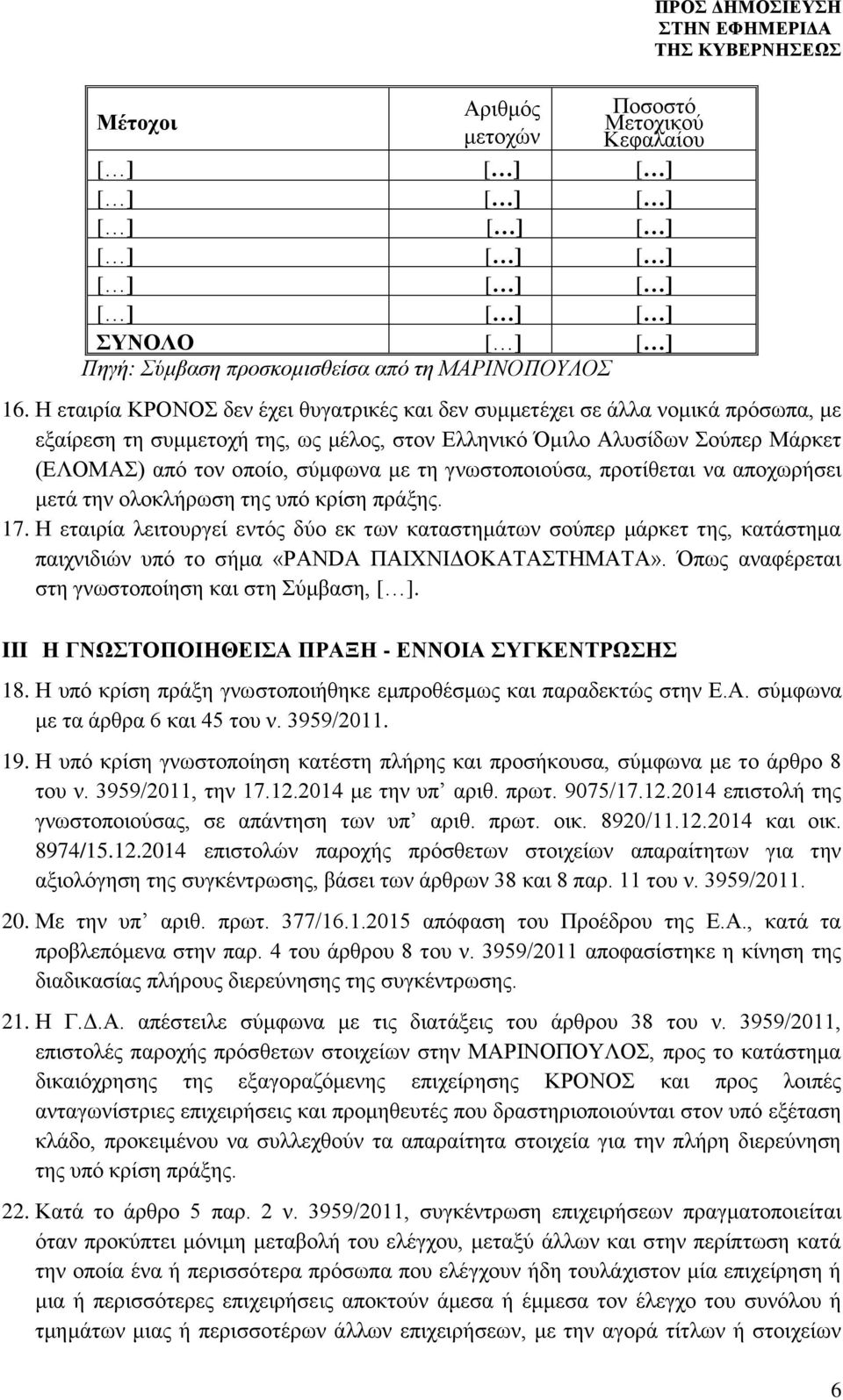 Η εταιρία ΚΡΟΝΟΣ δεν έχει θυγατρικές και δεν συμμετέχει σε άλλα νομικά πρόσωπα, με εξαίρεση τη συμμετοχή της, ως μέλος, στον Ελληνικό Όμιλο Αλυσίδων Σούπερ Μάρκετ (ΕΛΟΜΑΣ) από τον οποίο, σύμφωνα με