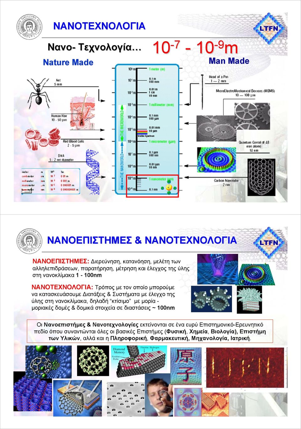 Συστήµατα µε έλεγχο της ύλης στη νανοκλίµακα, δηλαδή κτίσιµο µε µορία µοριακές δοµές & δοµικά στοιχεία σε διαστάσεις ~ 100nm Οι Νανοεπιστήµες & Νανοτεχνολογίες εκτείνονται