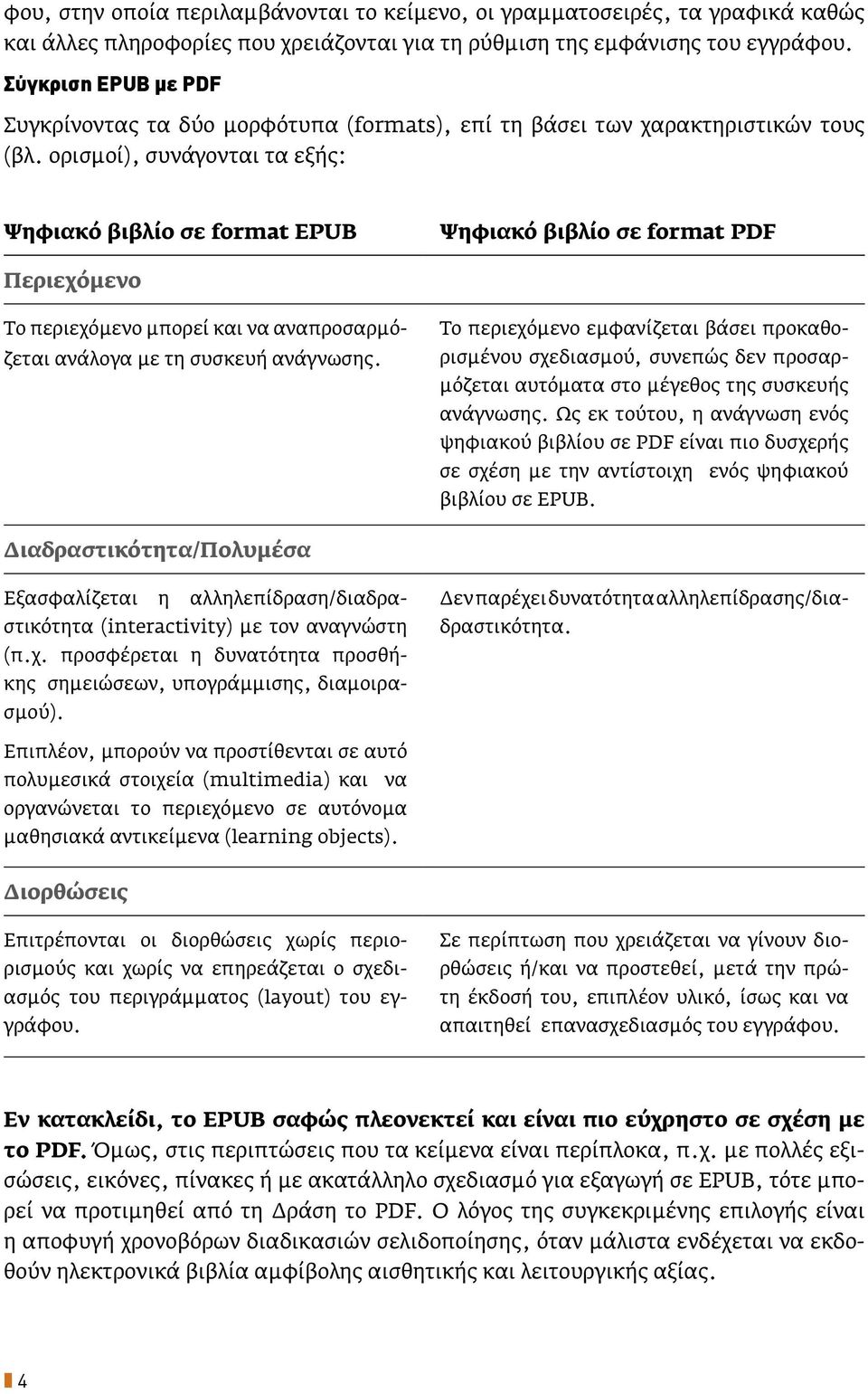 ορισμοί), συνάγονται τα εξής: Ψηφιακό βιβλίο σε format EPUB Ψηφιακό βιβλίο σε format PDF Περιεχόμενο Το περιεχόμενο μπορεί και να αναπροσαρμόζεται ανάλογα με τη συσκευή ανάγνωσης.