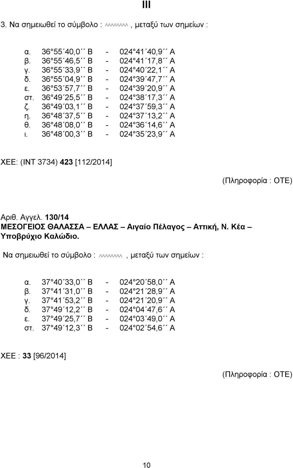 36 48 00,3 Β - 024 35 23,9 Α XEE: (ΙΝΤ 3734) 423 [112/2014] (Πληροφορία : ΟΤΕ) Αριθ. Αγγελ. 130/14 ΜΕΣΟΓΕΙΟΣ ΘΑΛΑΣΣΑ ΕΛΛΑΣ Αιγαίο Πέλαγος Αττική, Ν. Κέα Υποβρύχιο Καλώδιο.