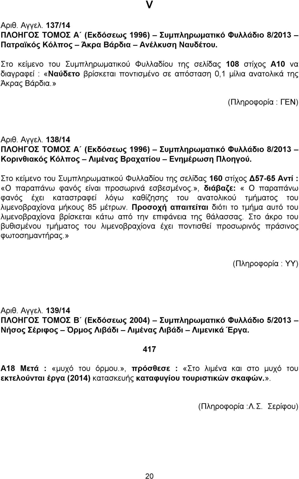 138/14 ΠΛΟΗΓΟΣ ΤΟΜΟΣ Α (Εκδόσεως 1996) Συμπληρωματικό Φυλλάδιο 8/2013 Κορινθιακός Κόλπος Λιμένας Βραχατίου Ενημέρωση Πλοηγού.