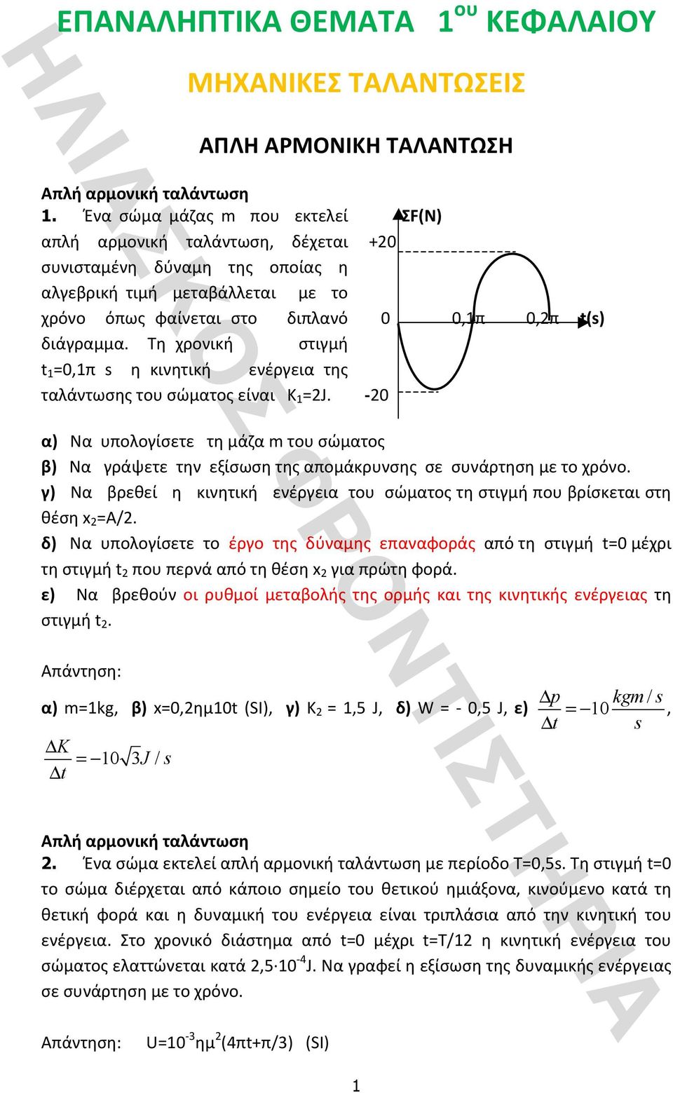 Τη χρονική στιγμή t 1 =0,1π s η κινητική ενέργεια της ταλάντωσηςτουσώματοςείναικ 1 =2J. K20 α)ναυπολογίσετετημάζαmτουσώματος β)ναγράψετετηνεξίσωσητηςαπομάκρυνσηςσεσυνάρτησημετοχρόνο.