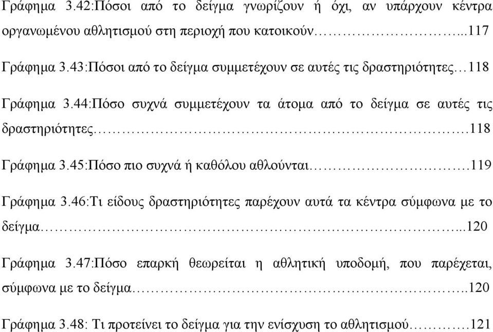 44:Πόσο συχνά συμμετέχουν τα άτομα από το δείγμα σε αυτές τις δραστηριότητες.118 Γράφημα 3.45:Πόσο πιο συχνά ή καθόλου αθλούνται.119 Γράφημα 3.