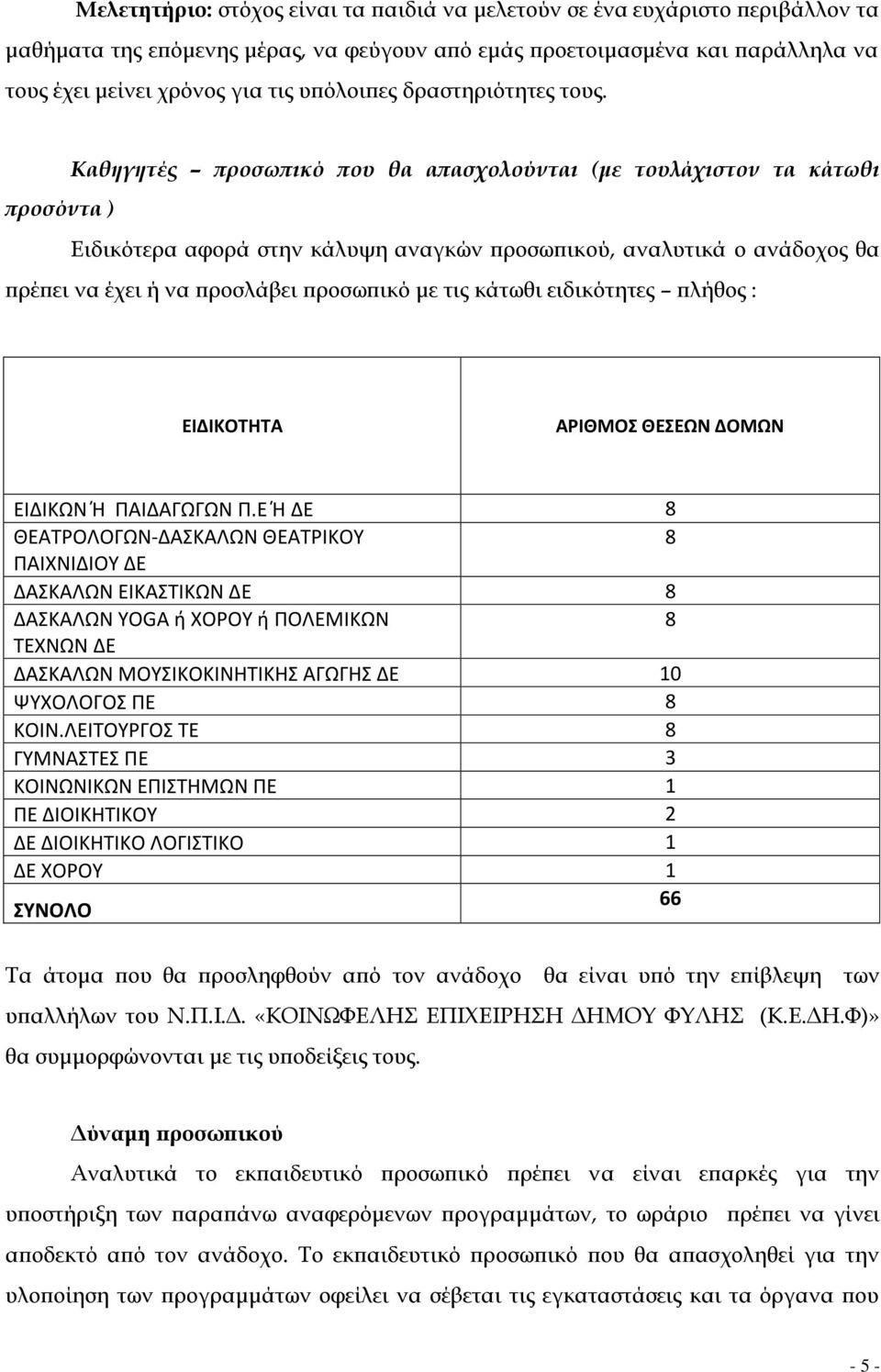 Καθηγητές προσωπικό που θα απασχολούνται (με τουλάχιστον τα κάτωθι προσόντα ) Ειδικότερα αφορά στην κάλυψη αναγκών προσωπικού, αναλυτικά ο ανάδοχος θα πρέπει να έχει ή να προσλάβει προσωπικό με τις