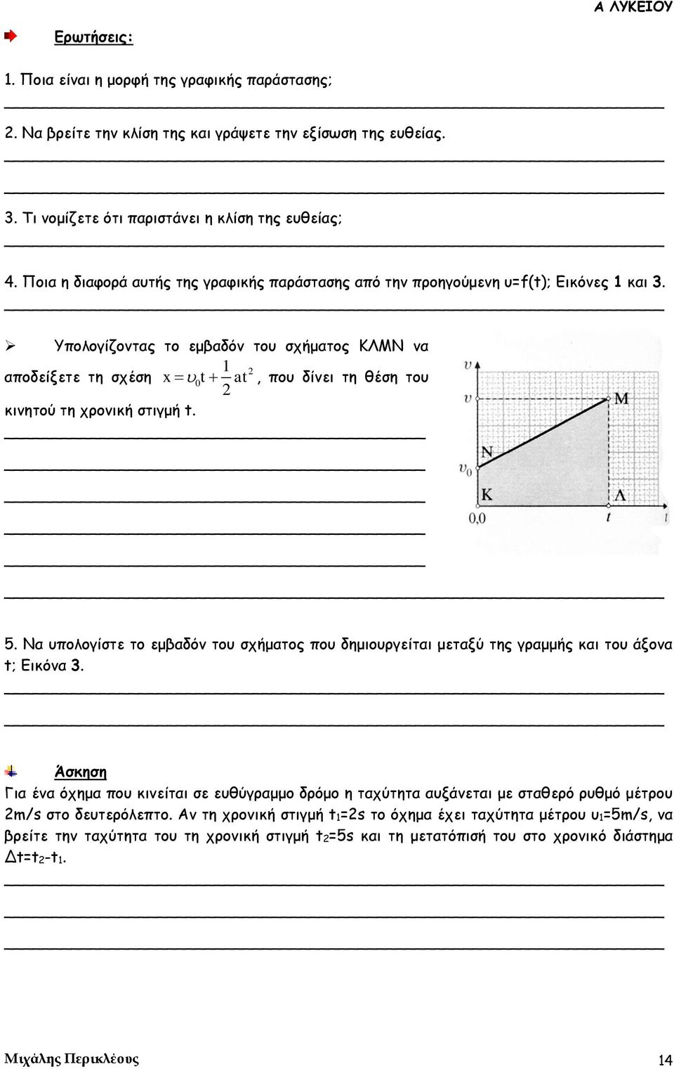 Υπολογίζοντας το εμβαδόν του σχήματος ΚΛΜΝ να αποδείξετε τη σχέση 1 x 0t at 2 2, που δίνει τη θέση του κινητού τη χρονική στιγμή t. 5.