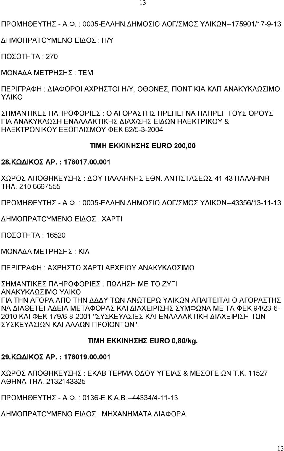 ΓΙΑ ΑΝΑΚΥΚΛΩΣΗ ΕΝΑΛΛΑΚΤΙΚΗΣ ΔΙΑΧ/ΣΗΣ ΕΙΔΩΝ ΗΛΕΚΤΡΙΚΟΥ & ΗΛΕΚΤΡΟΝΙΚΟΥ ΕΞΟΠΛΙΣΜΟΥ ΦΕΚ 82/5-3-2004 28.ΚΩΔΙΚΟΣ ΑΡ. : 176017.00.001 ΤΙΜΗ ΕΚΚΙΝΗΣΗΣ EURO 200,00 ΧΩΡΟΣ ΑΠΟΘΗΚΕΥΣΗΣ : ΔΟΥ ΠΑΛΛΗΝΗΣ ΕΘΝ.